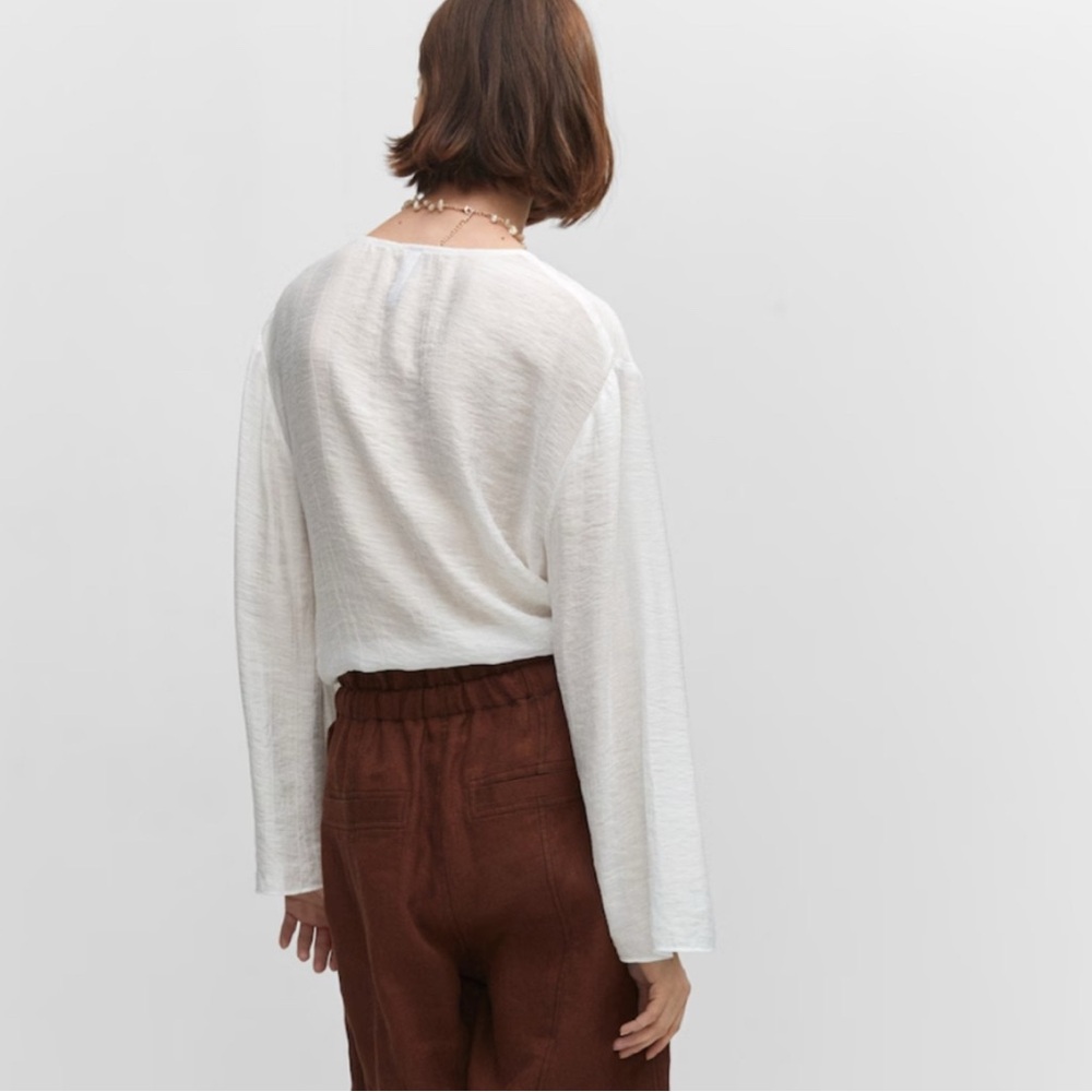 Mango White Tie Front Flared Sleeve Blouse Long Sleeve Boho Chic NWT Sz M #135 - Picture 3 of 14